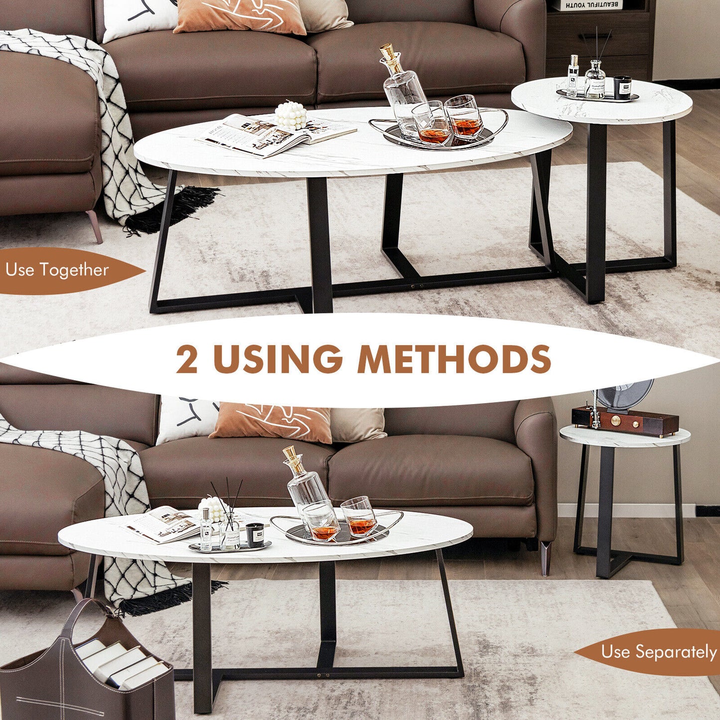 Faux Marble Nesting Coffee Tables Set of 2 with Oval and Round Tabletops