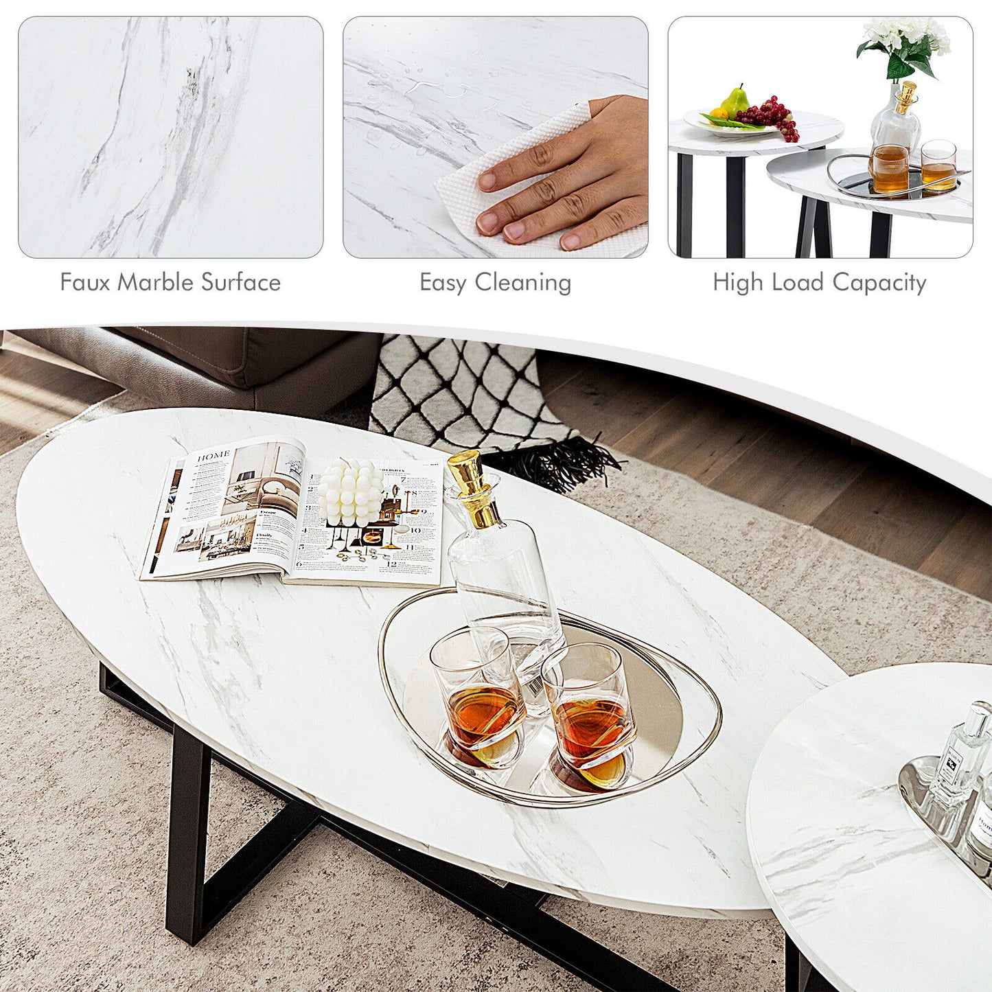 Faux Marble Nesting Coffee Tables Set of 2 with Oval and Round Tabletops
