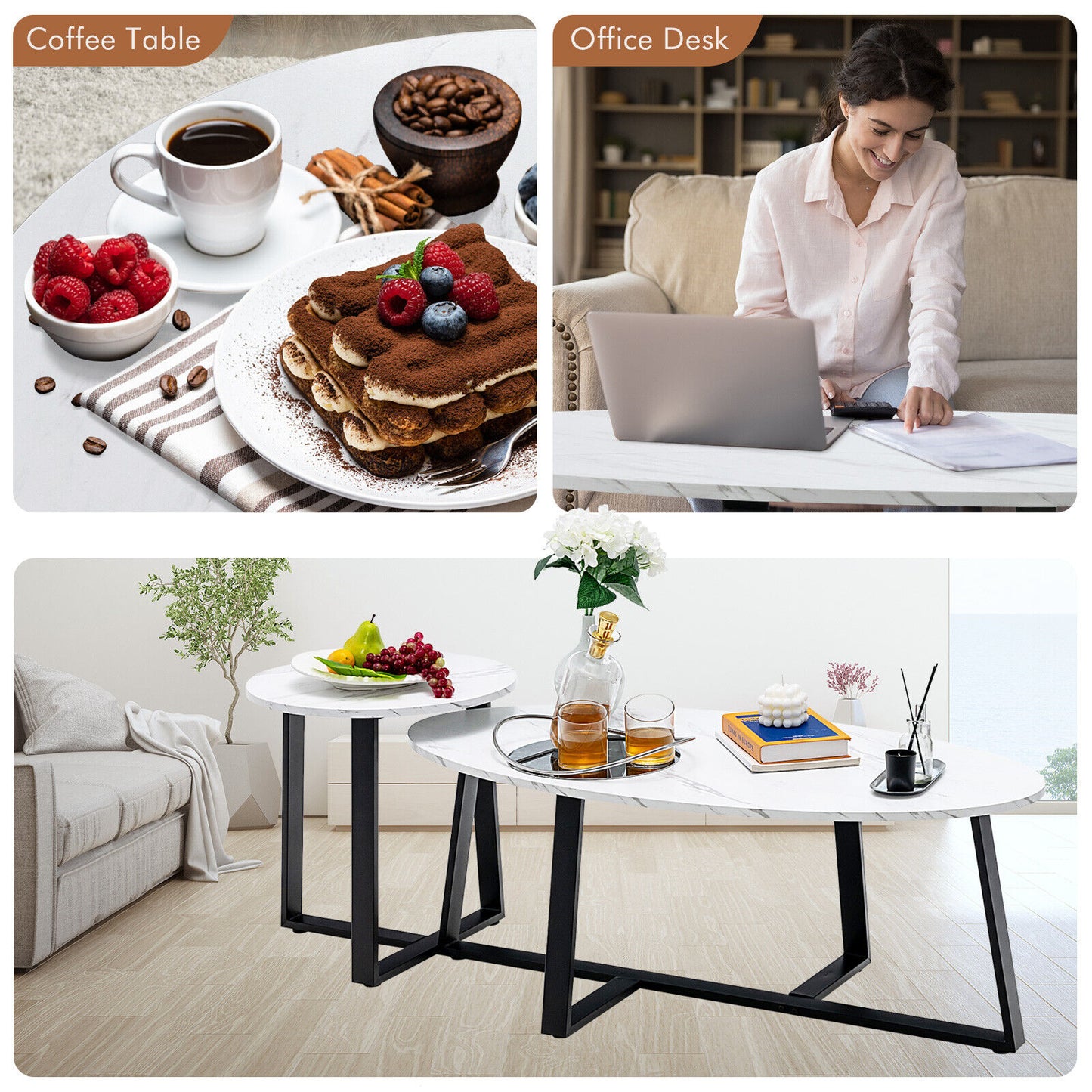 Faux Marble Nesting Coffee Tables Set of 2 with Oval and Round Tabletops