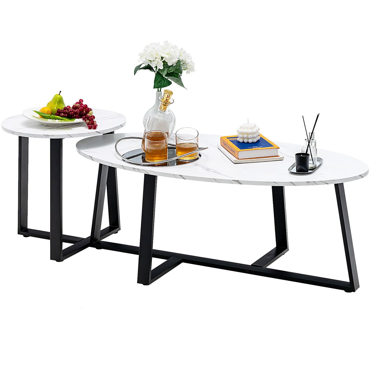 Faux Marble Nesting Coffee Tables Set of 2 with Oval and Round Tabletops