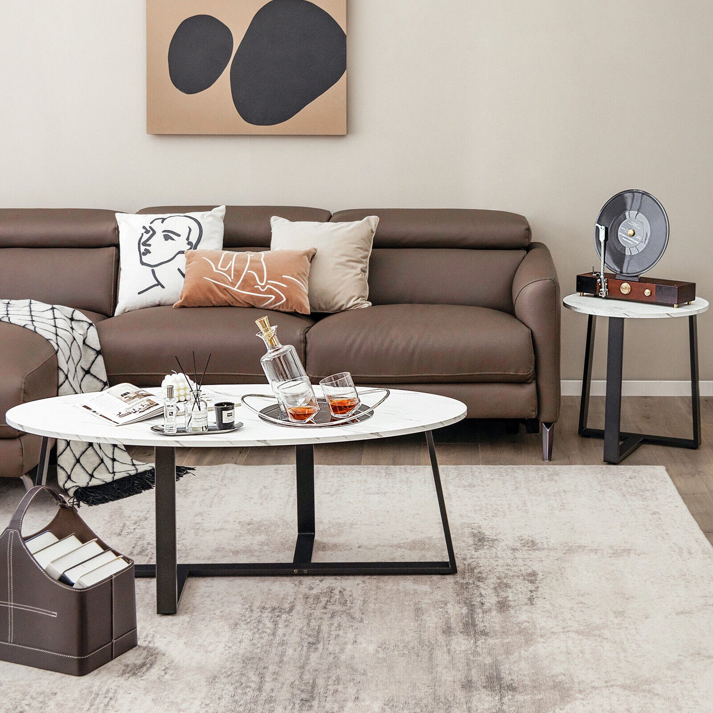 Faux Marble Nesting Coffee Tables Set of 2 with Oval and Round Tabletops