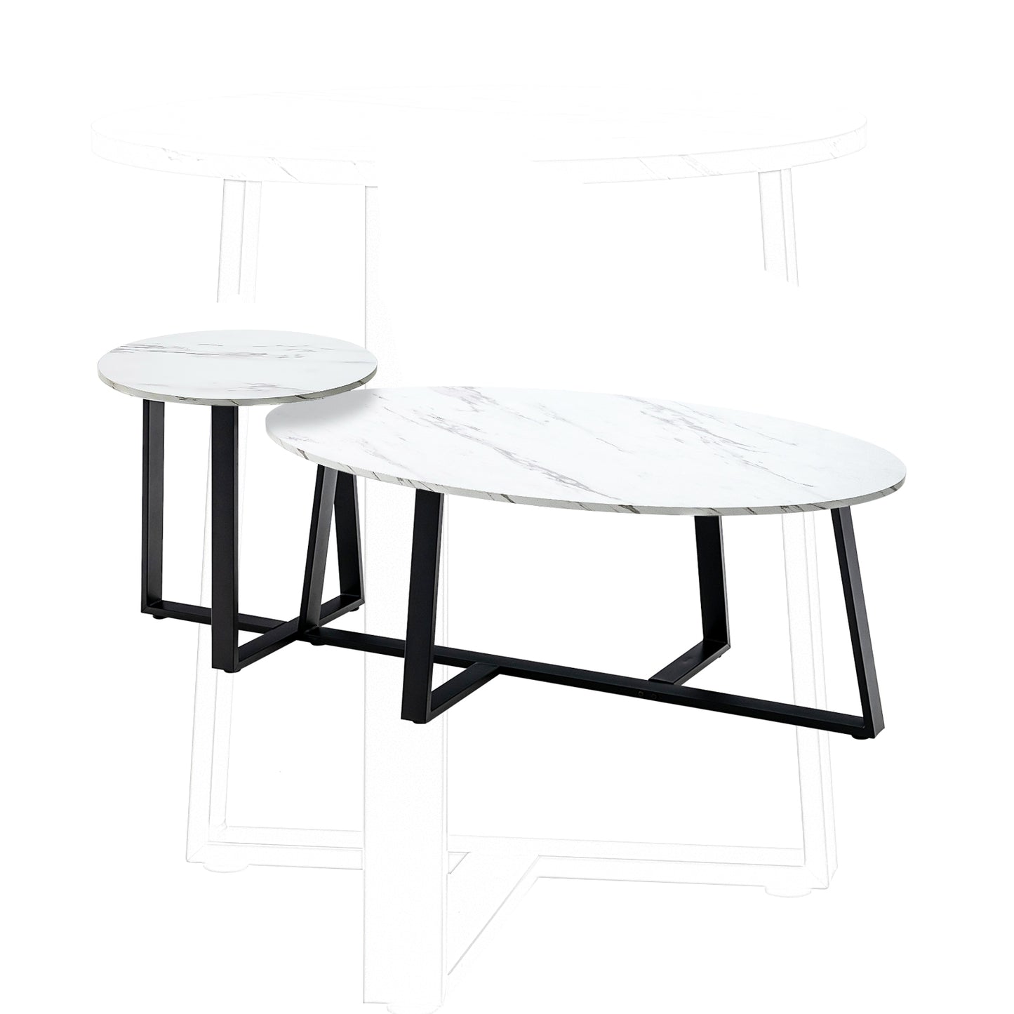 Faux Marble Nesting Coffee Tables Set of 2 with Oval and Round Tabletops