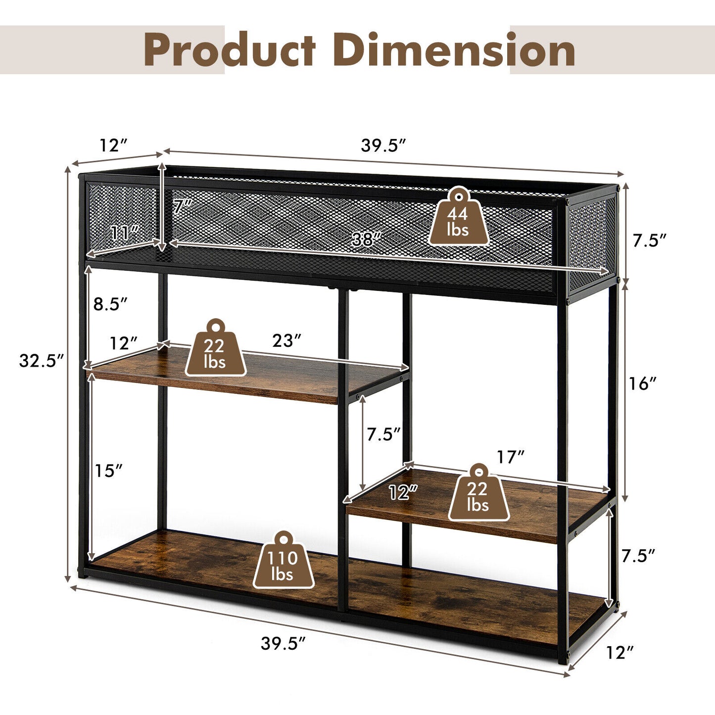 Rustic Wood and Metal Console Table with Wire Basket and Open Shelves