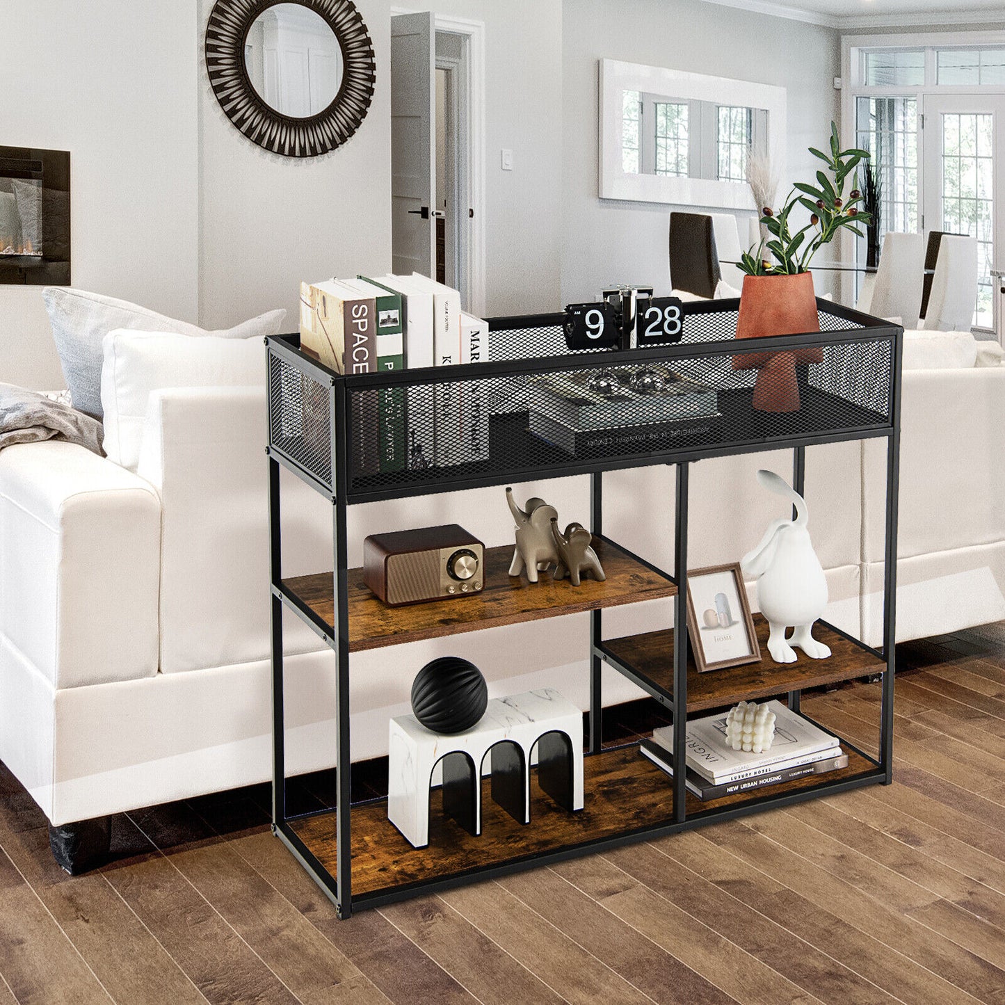 Rustic Wood and Metal Console Table with Wire Basket and Open Shelves