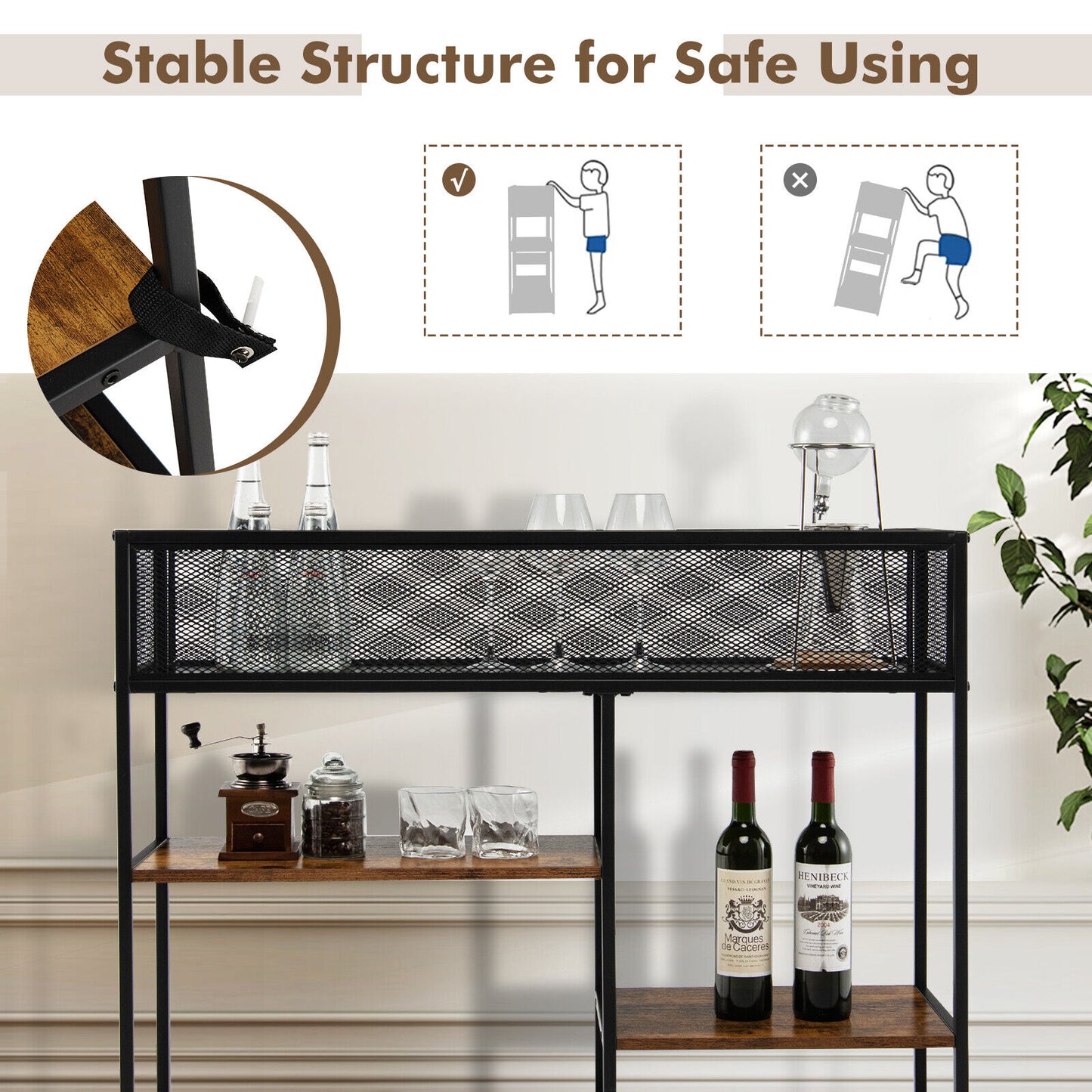 Rustic Wood and Metal Console Table with Wire Basket and Open Shelves