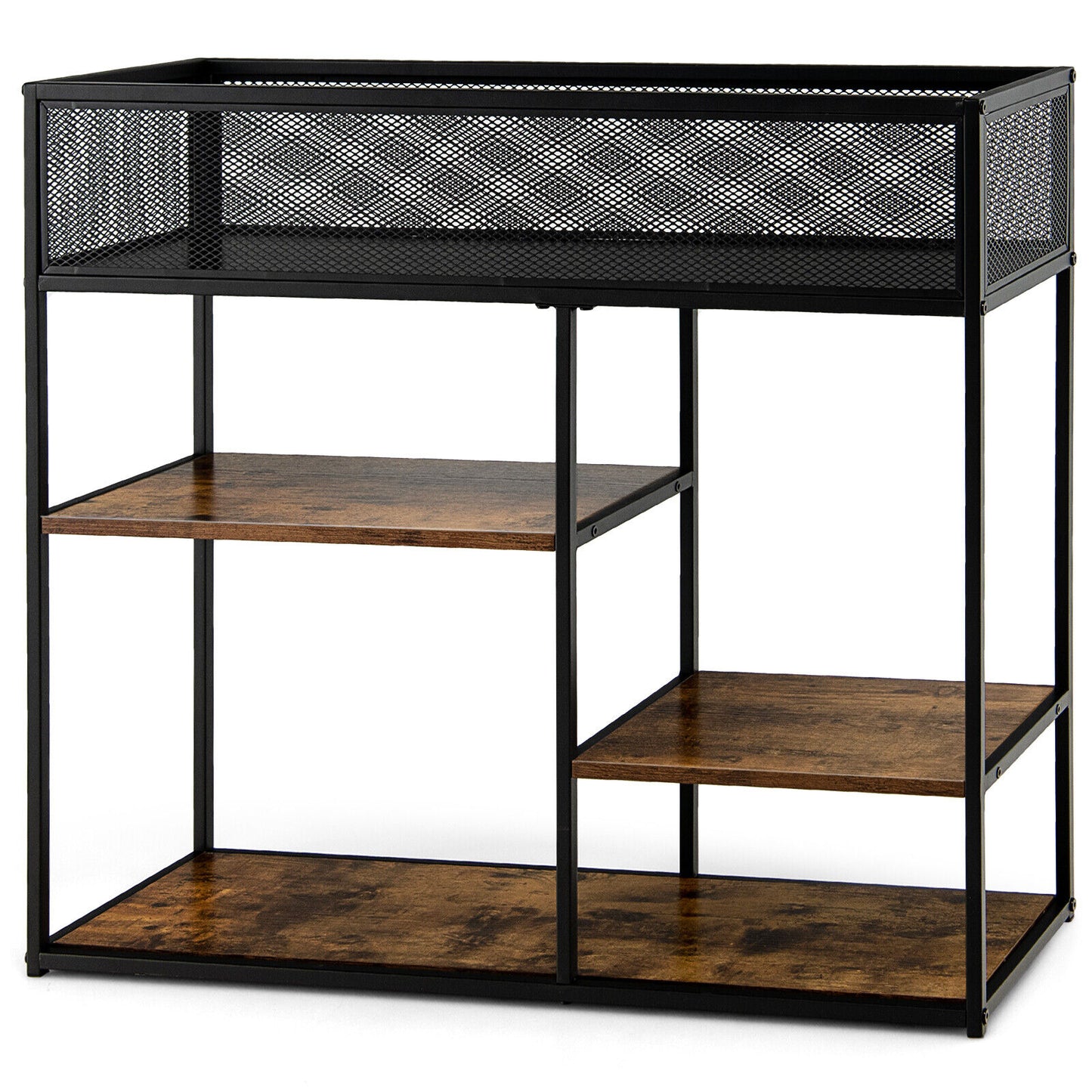Rustic Wood and Metal Console Table with Wire Basket and Open Shelves