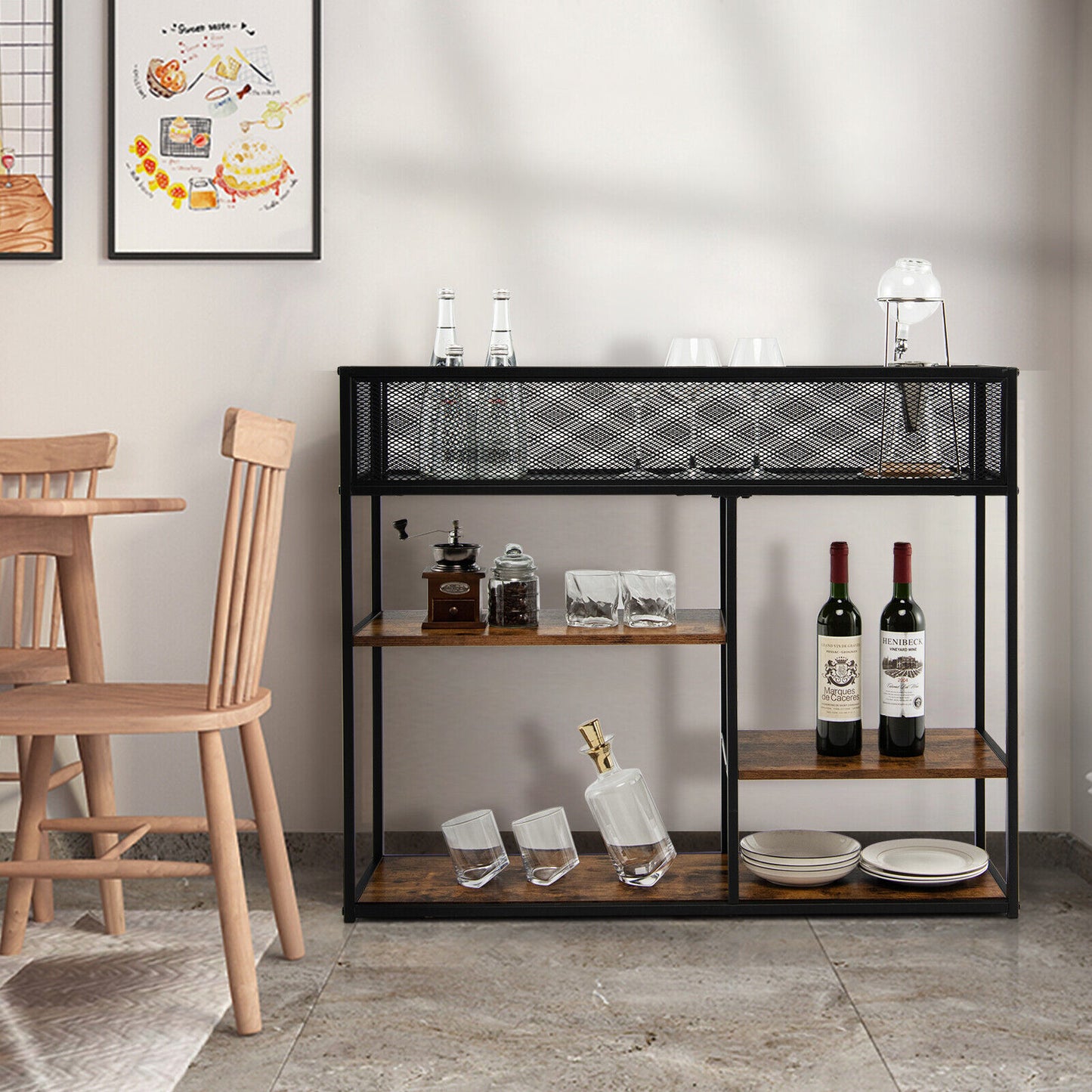 Rustic Wood and Metal Console Table with Wire Basket and Open Shelves
