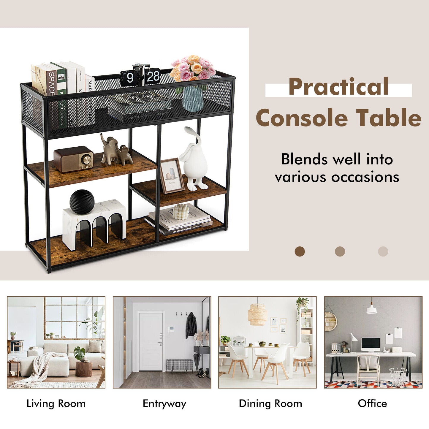 Rustic Wood and Metal Console Table with Wire Basket and Open Shelves