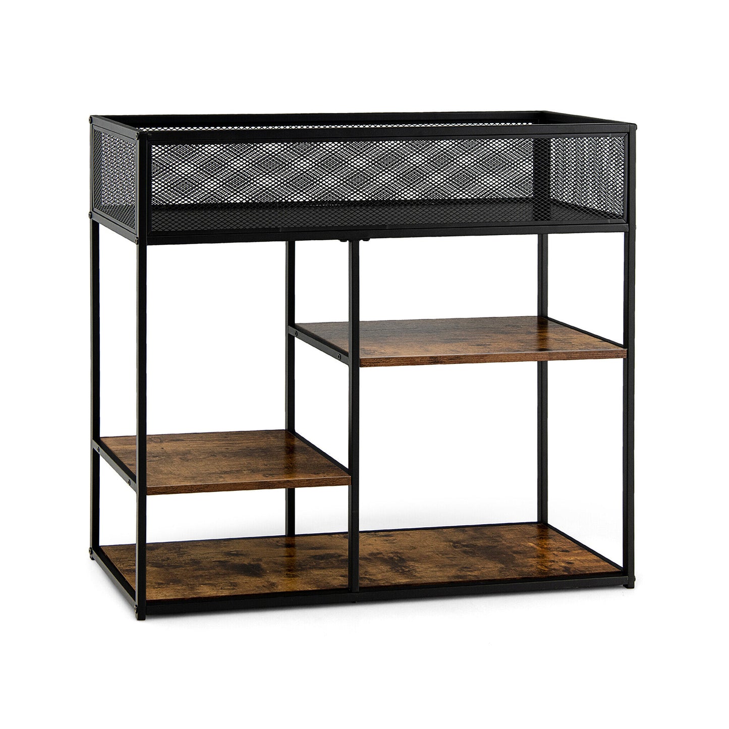 Rustic Wood and Metal Console Table with Wire Basket and Open Shelves