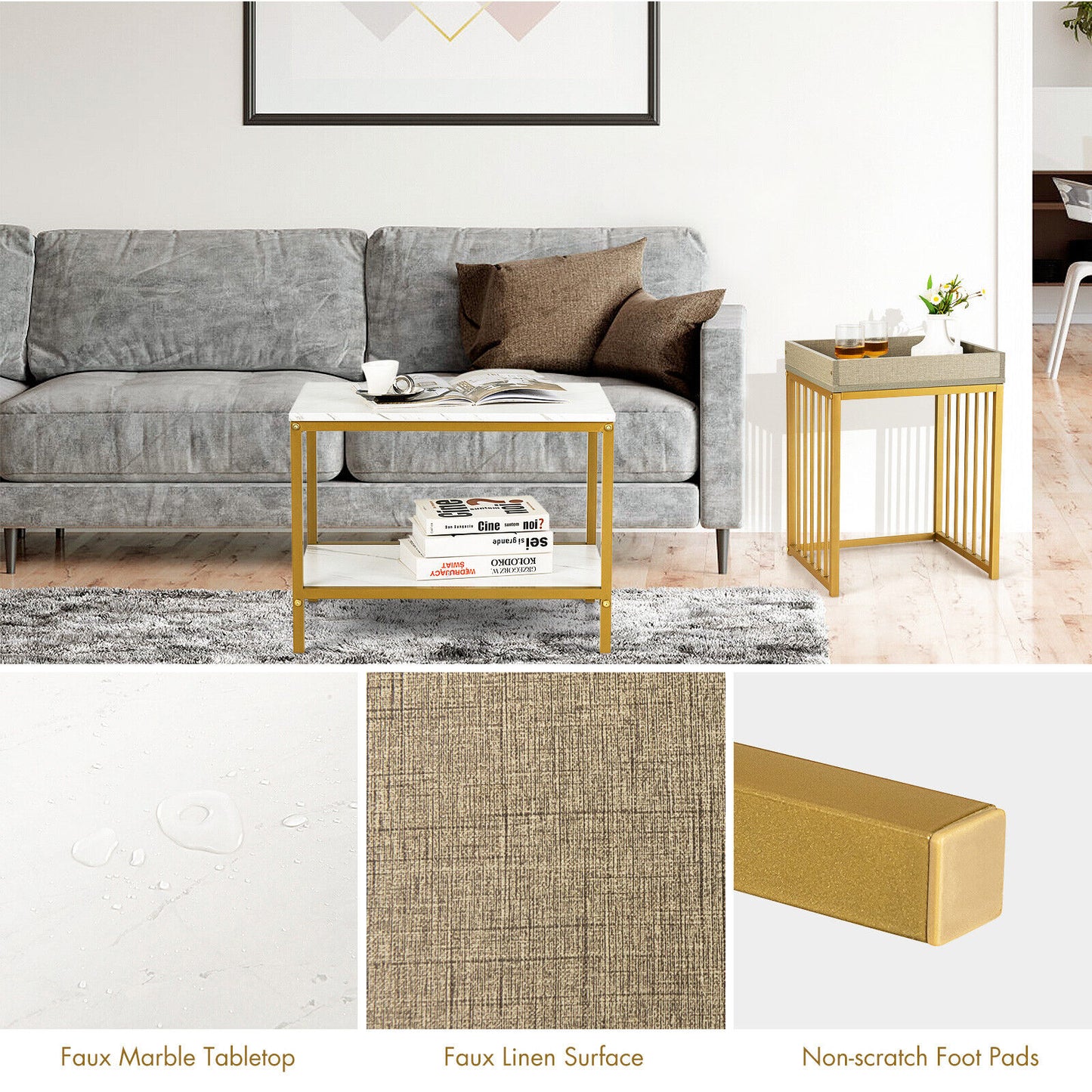 Modern 2-Piece Nesting Coffee Table Set with Faux Marble and Tray Top