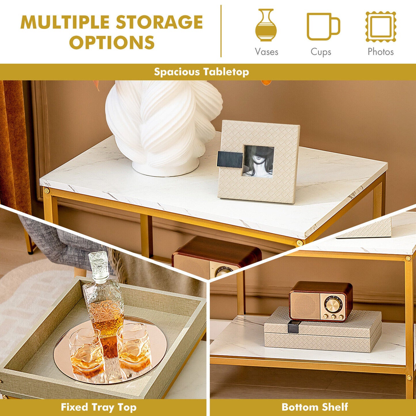 Modern 2-Piece Nesting Coffee Table Set with Faux Marble and Tray Top