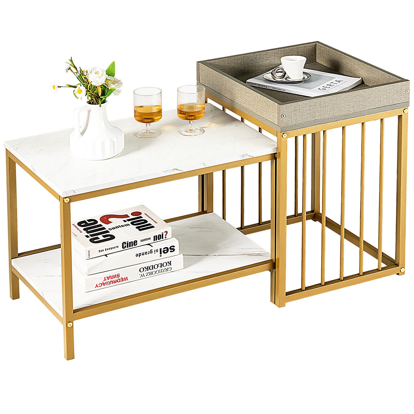 Modern 2-Piece Nesting Coffee Table Set with Faux Marble and Tray Top