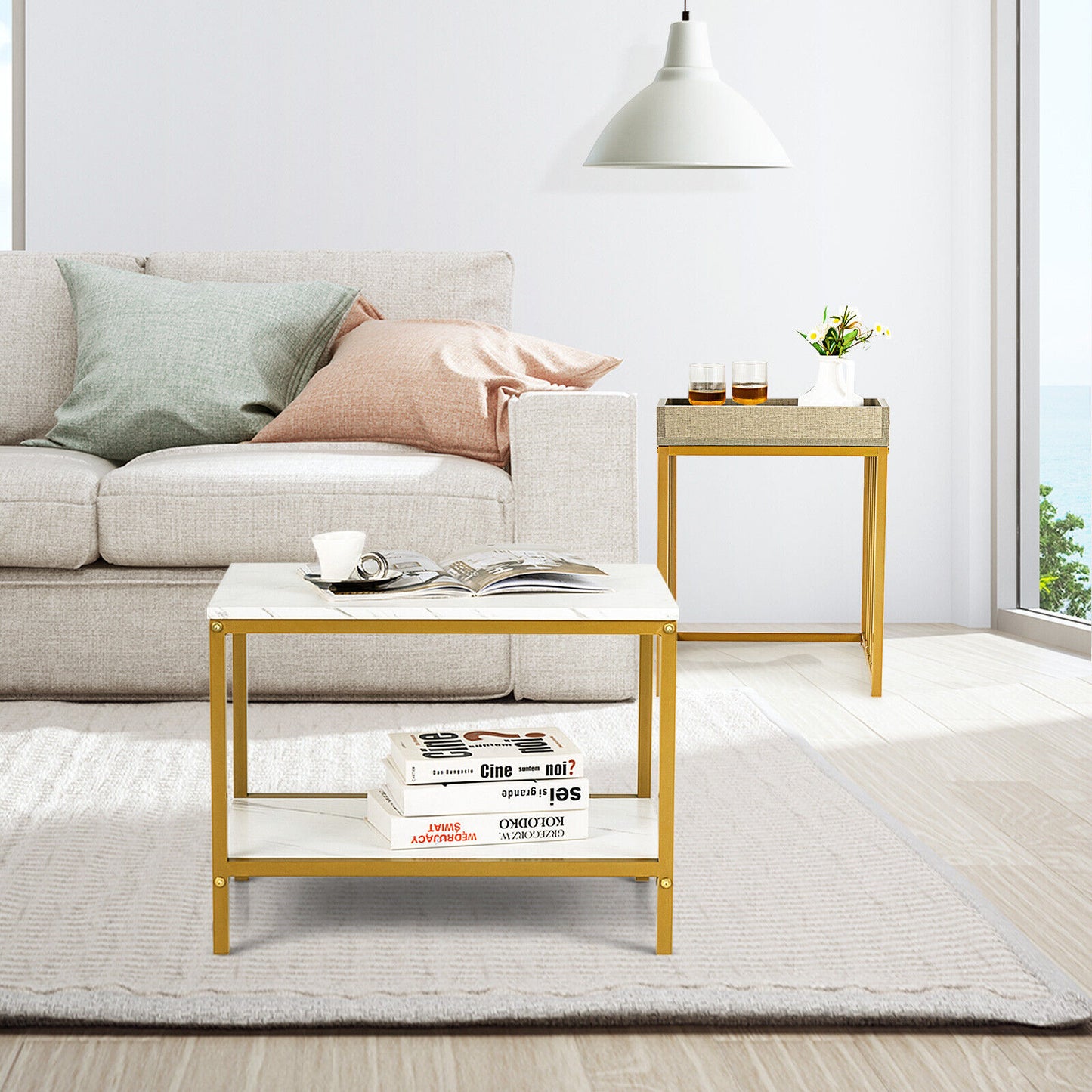 Modern 2-Piece Nesting Coffee Table Set with Faux Marble and Tray Top