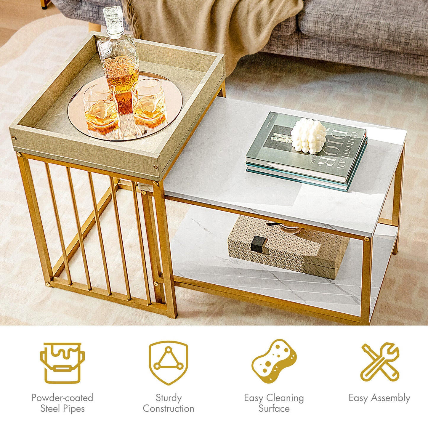 Modern 2-Piece Nesting Coffee Table Set with Faux Marble and Tray Top