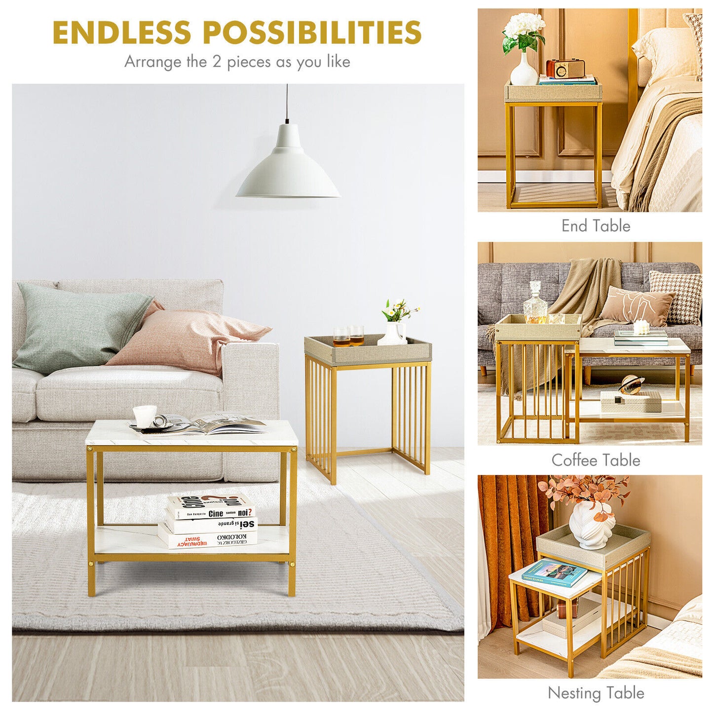 Modern 2-Piece Nesting Coffee Table Set with Faux Marble and Tray Top