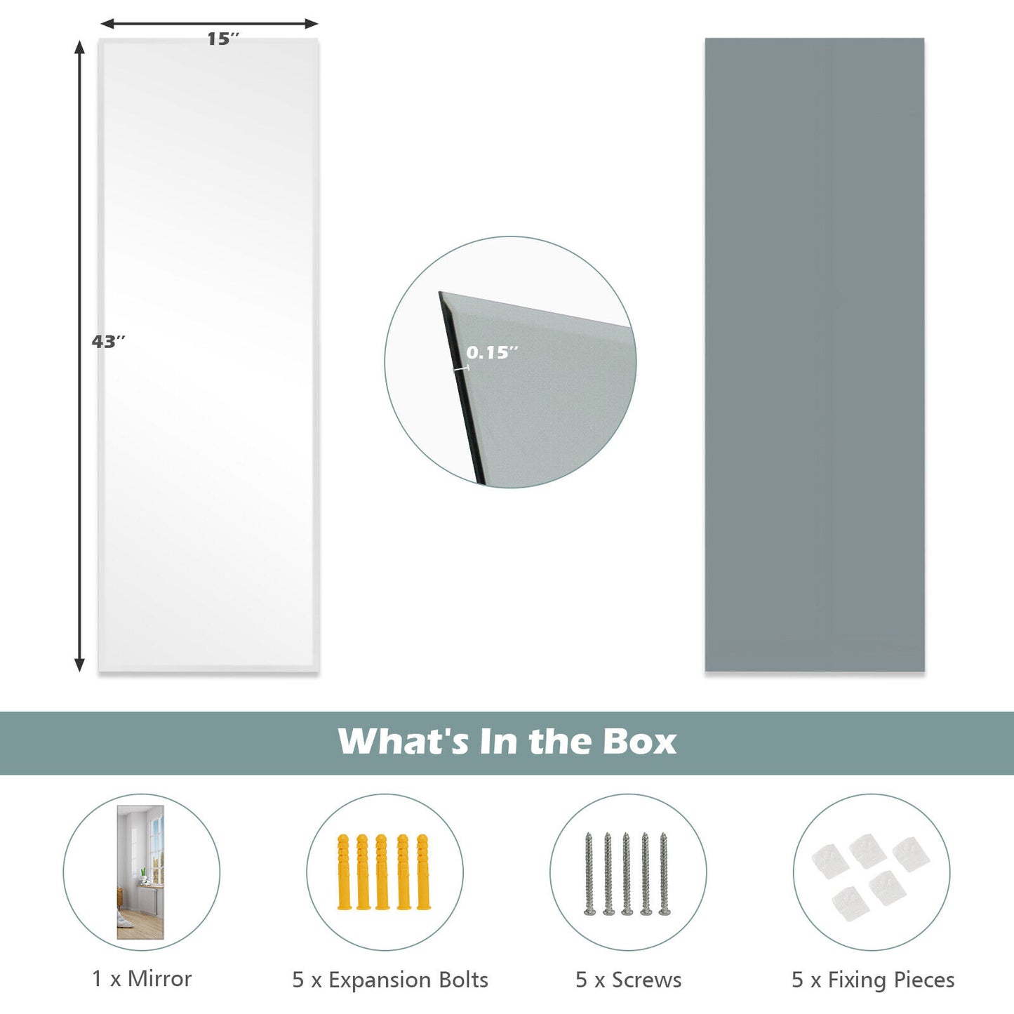 43 x 15 Inch Frameless Full-Length Wall Mirror with Clear Imaging and Explosion-Proof Film