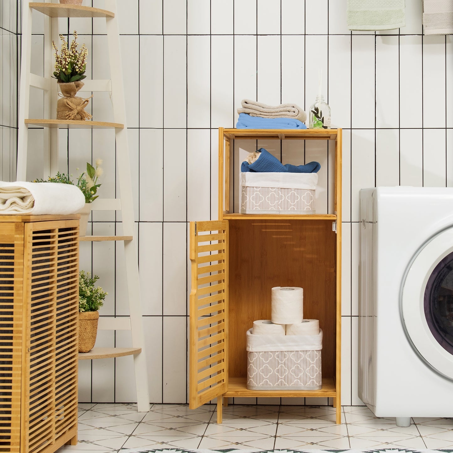 Compact Bamboo Bathroom Storage Cabinet with Shelves and Door
