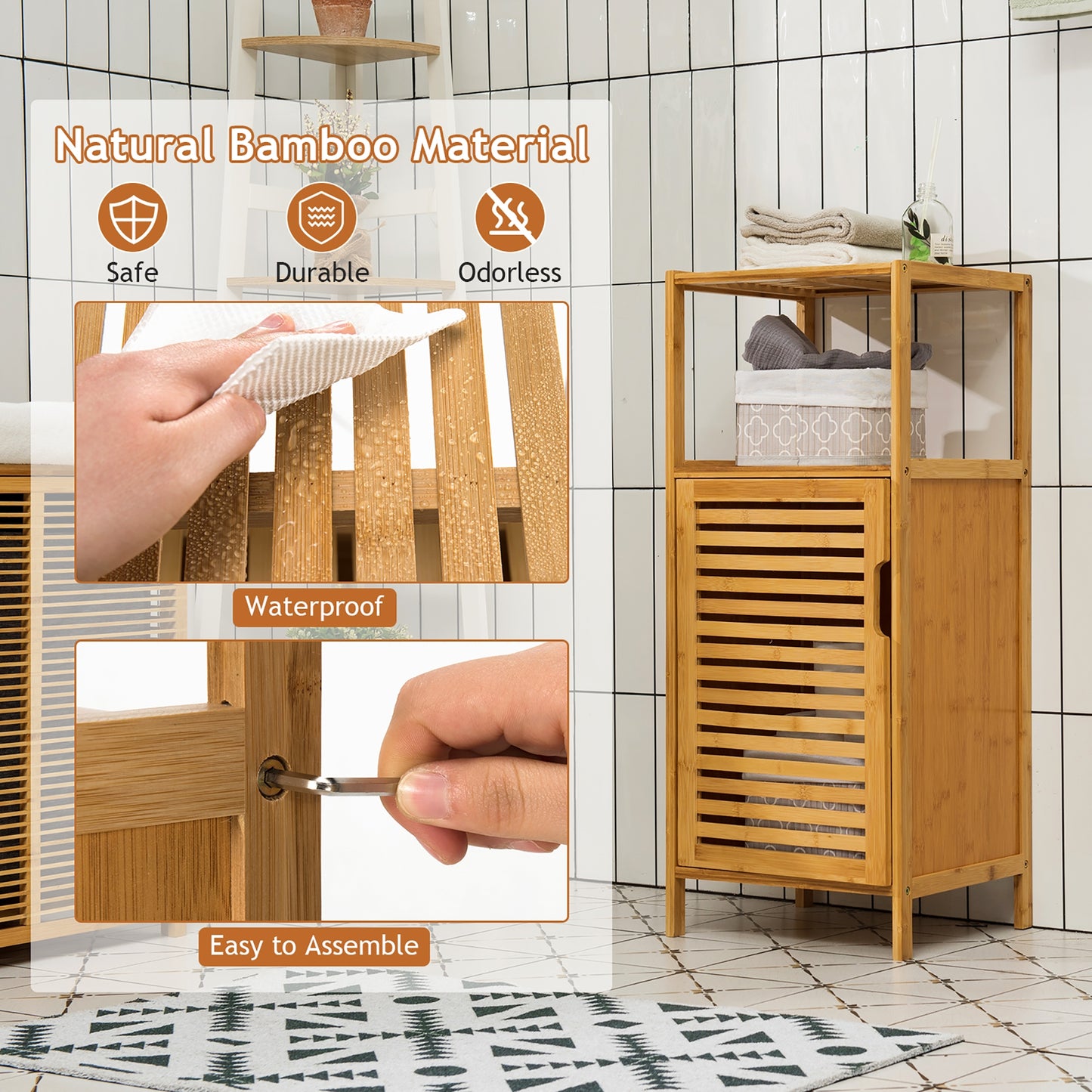 Compact Bamboo Bathroom Storage Cabinet with Shelves and Door