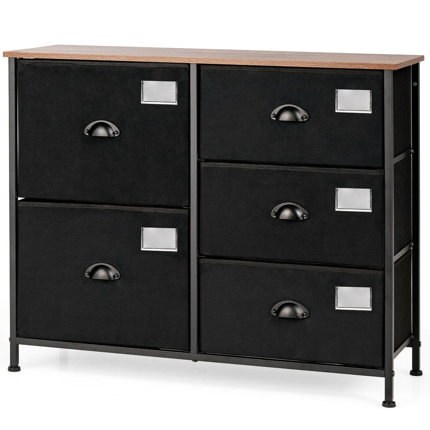Modern 5-Drawer Storage Dresser with Fabric Bins and Metal Frame – Black Organizer Cabinet