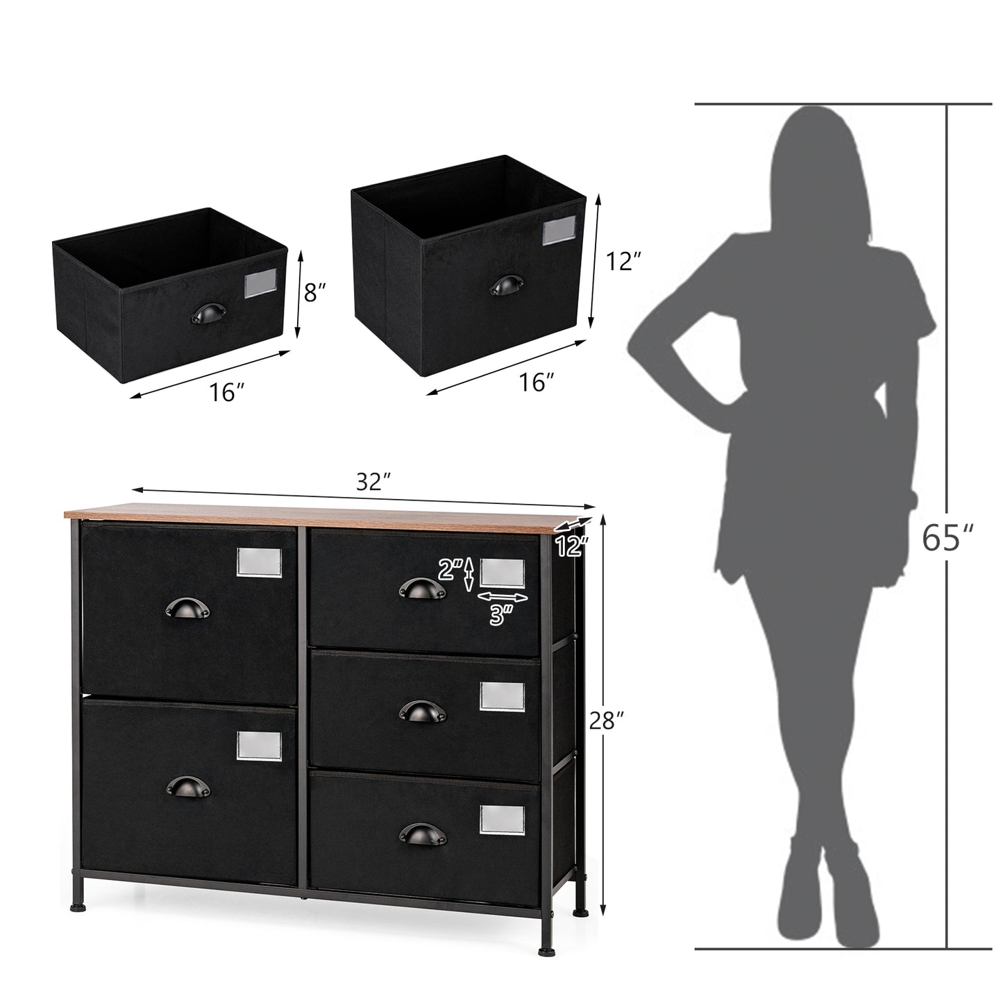 Modern 5-Drawer Storage Dresser with Fabric Bins and Metal Frame – Black Organizer Cabinet