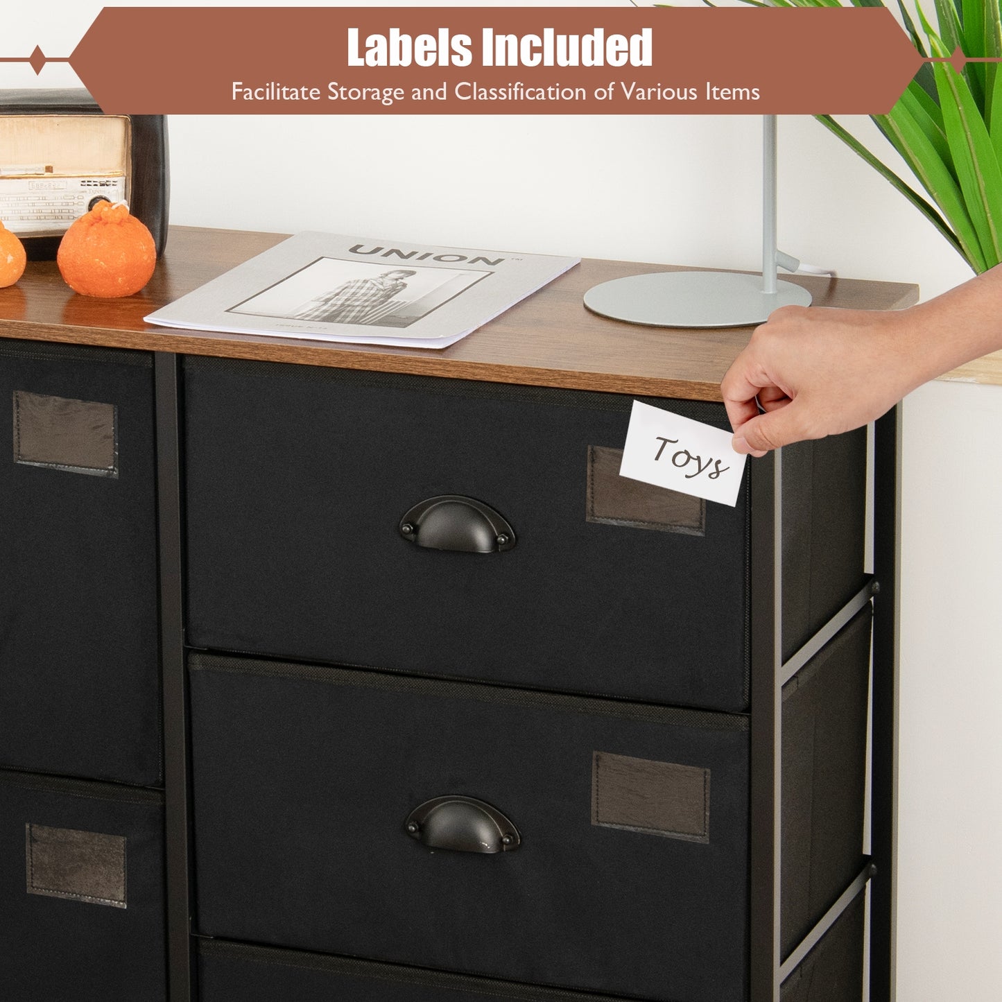 Modern 5-Drawer Storage Dresser with Fabric Bins and Metal Frame – Black Organizer Cabinet