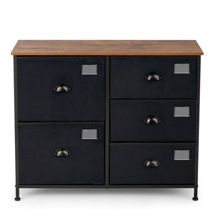 Modern 5-Drawer Storage Dresser with Fabric Bins and Metal Frame – Black Organizer Cabinet