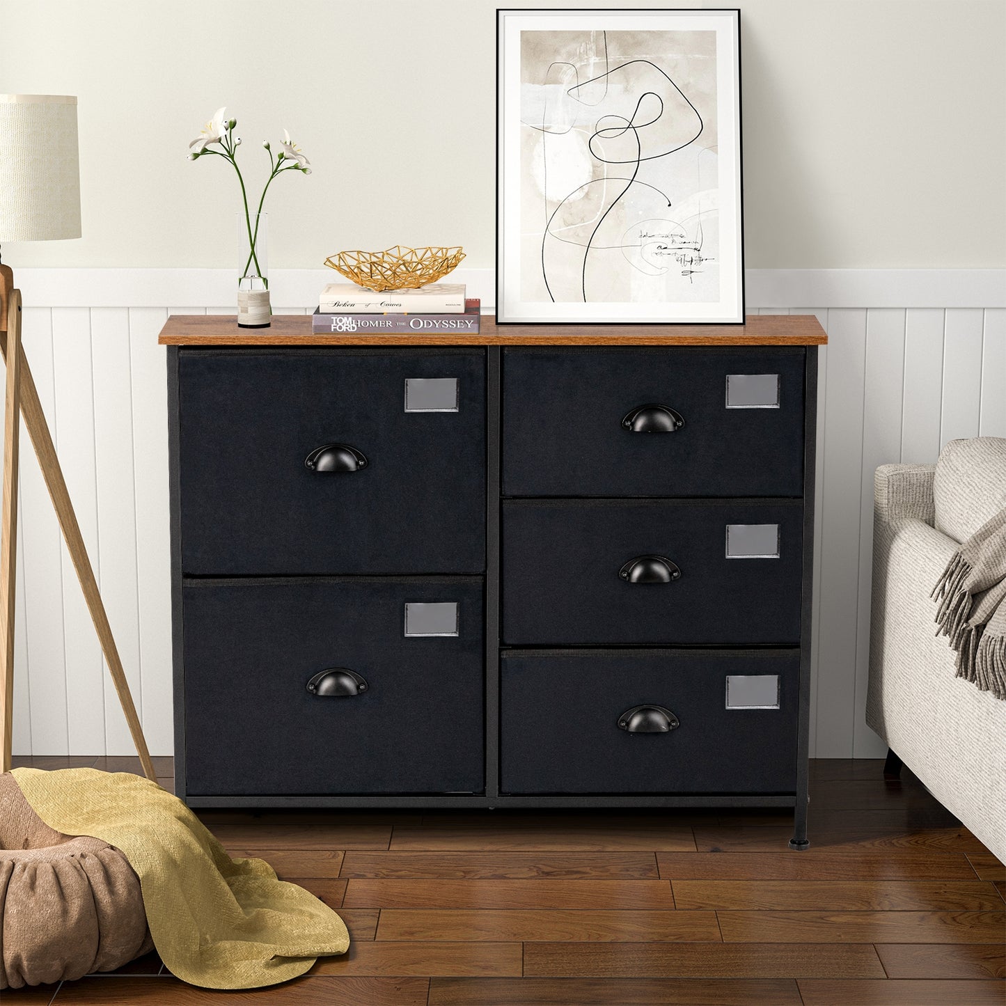 Modern 5-Drawer Storage Dresser with Fabric Bins and Metal Frame – Black Organizer Cabinet