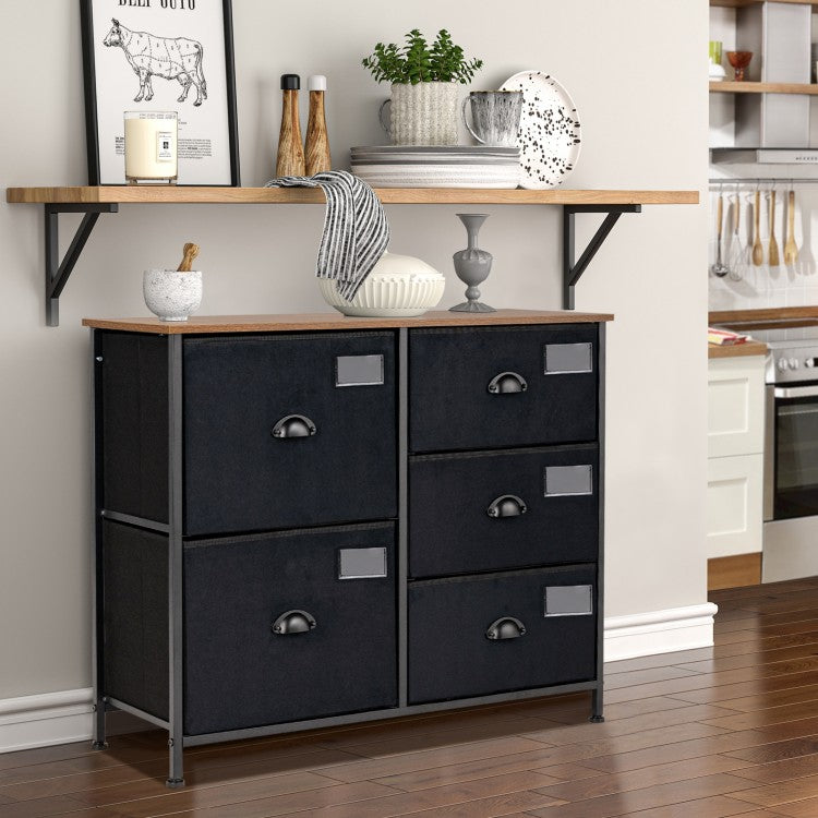 Modern 5-Drawer Storage Dresser with Fabric Bins and Metal Frame – Black Organizer Cabinet