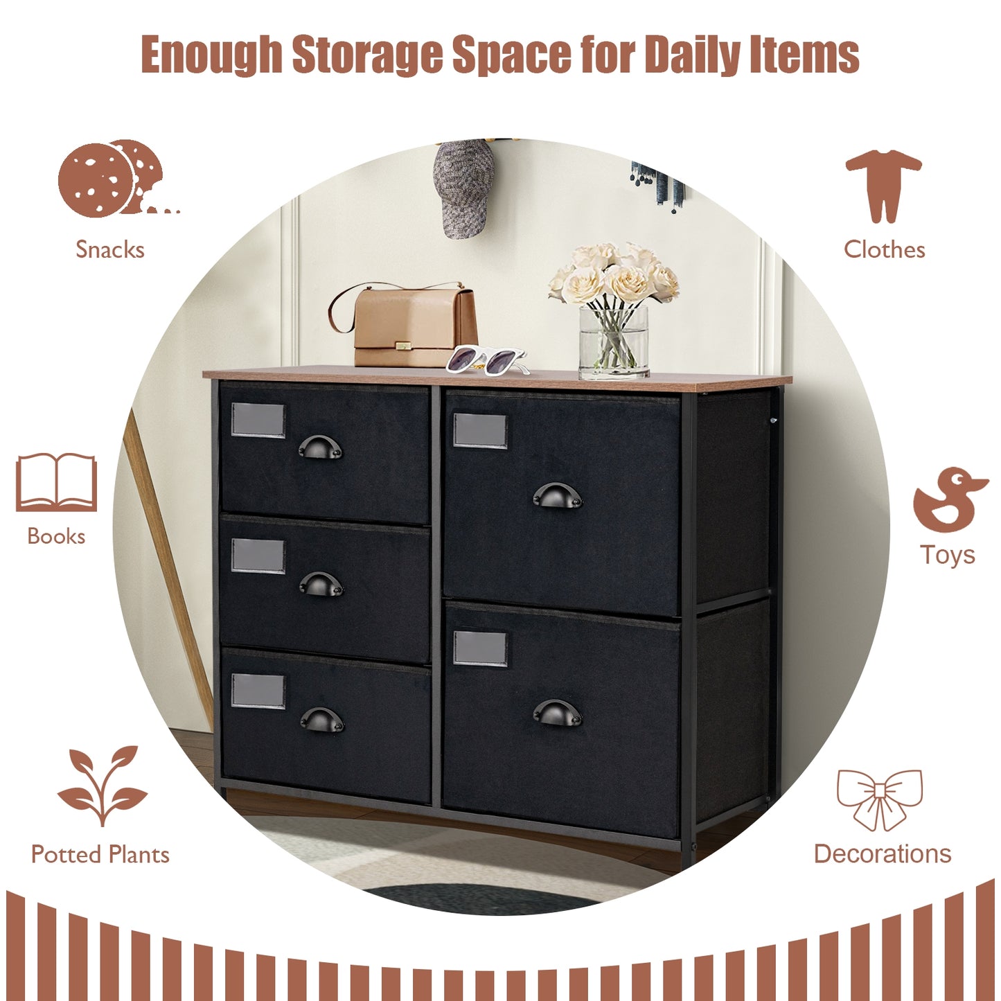 Modern 5-Drawer Storage Dresser with Fabric Bins and Metal Frame – Black Organizer Cabinet