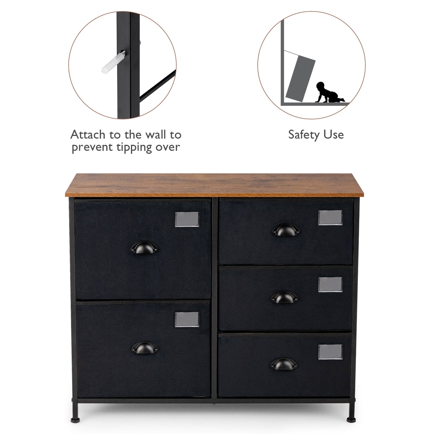 Modern 5-Drawer Storage Dresser with Fabric Bins and Metal Frame – Black Organizer Cabinet