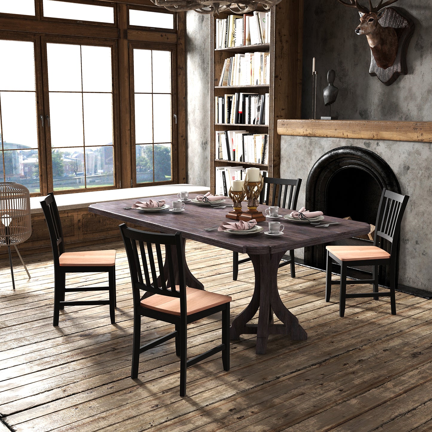 Set of 4 Spindle Back Wooden Dining Chairs with Sturdy Legs for Living Room and Kitchen