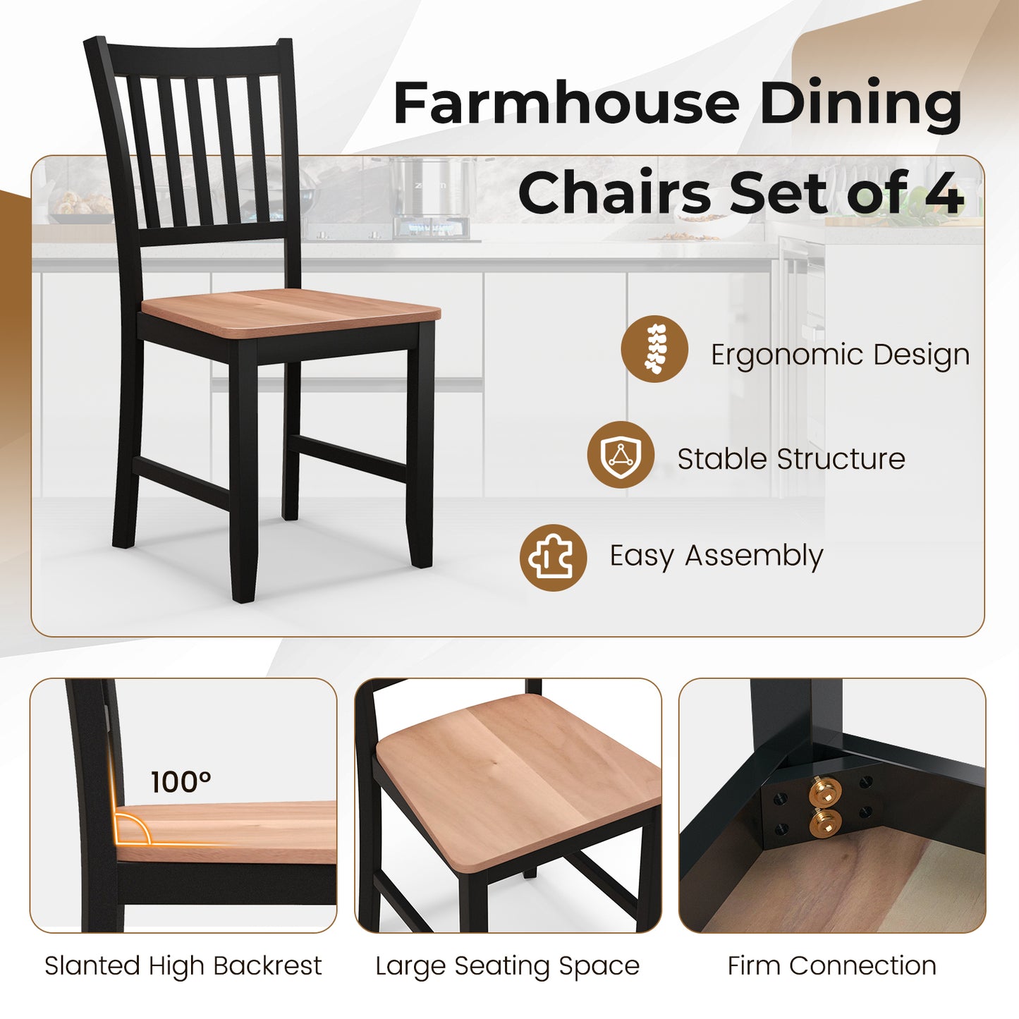 Set of 4 Spindle Back Wooden Dining Chairs with Sturdy Legs for Living Room and Kitchen
