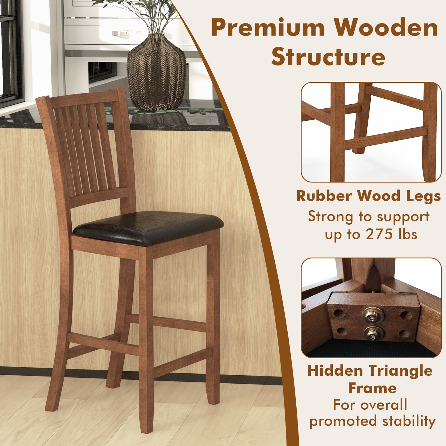 Counter Height Bar Chair Set of 2 with Comfortable Backrest and Footrest