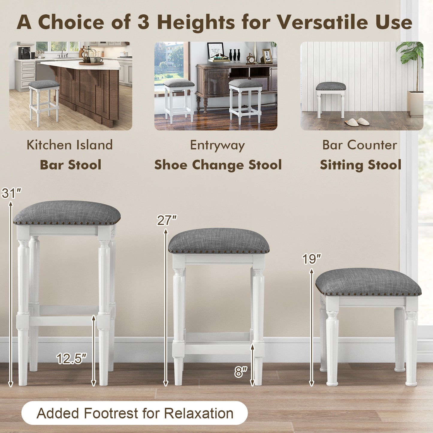 Adjustable Height Saddle Bar Stools Set of 2 with Padded Seats and Footrests