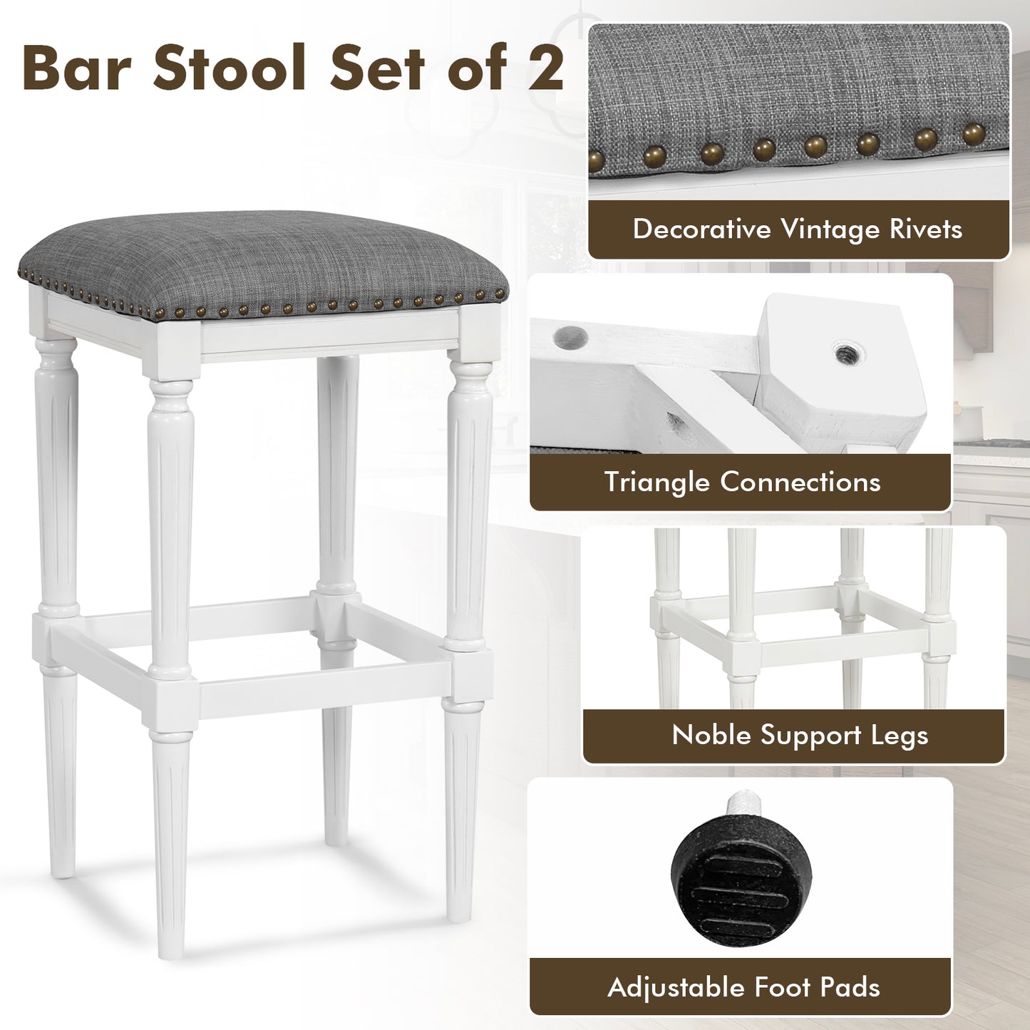 Adjustable Height Saddle Bar Stools Set of 2 with Padded Seats and Footrests
