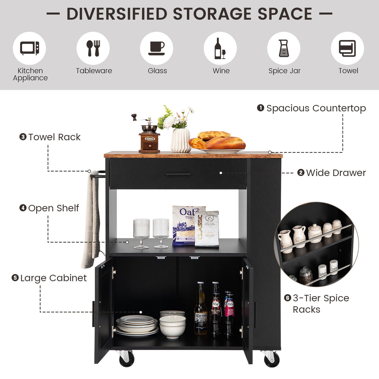 Multi Shelf Kitchen Island Cart with Drawer Storage Cabinet and Spice Racks - Black