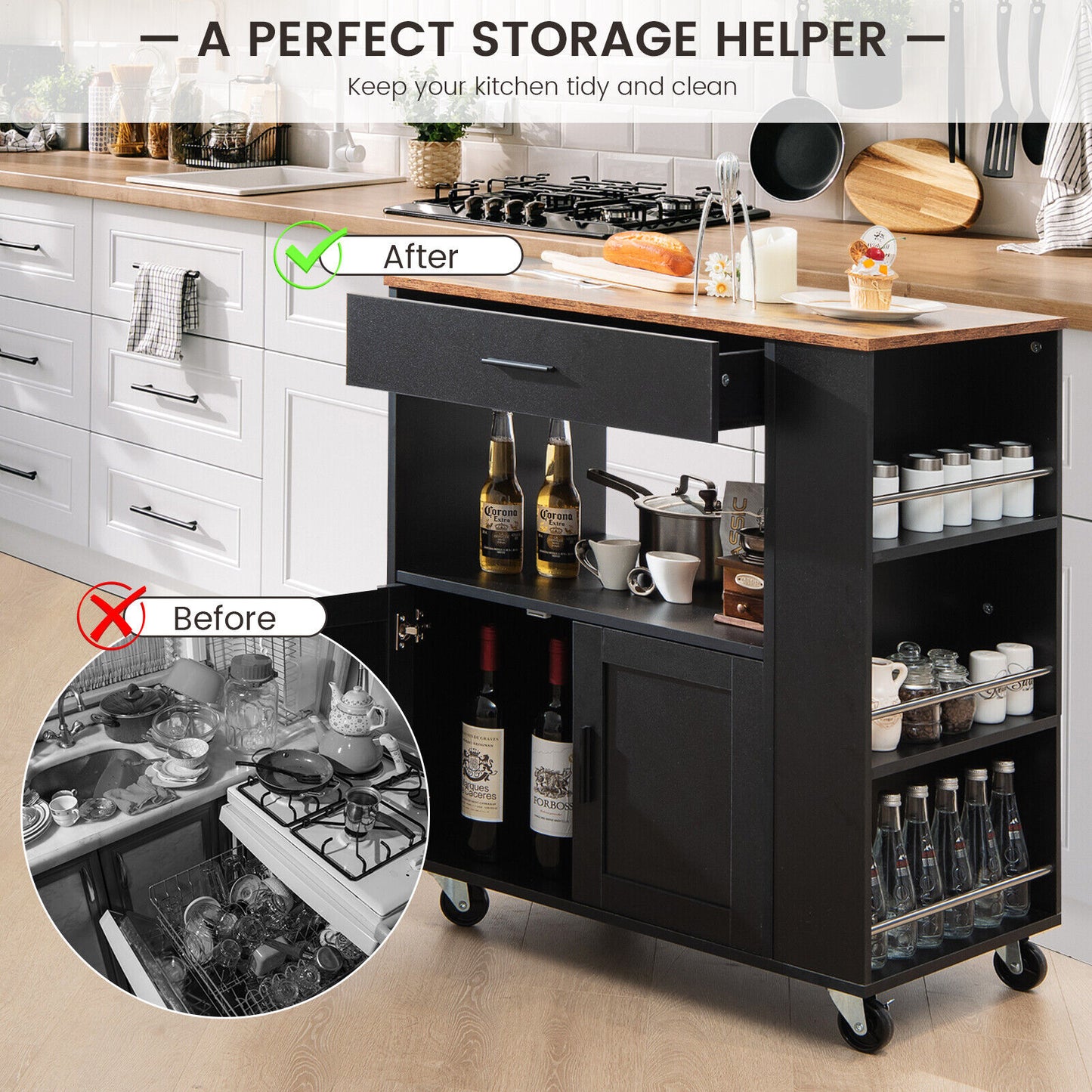 Multi Shelf Kitchen Island Cart with Drawer Storage Cabinet and Spice Racks - Black