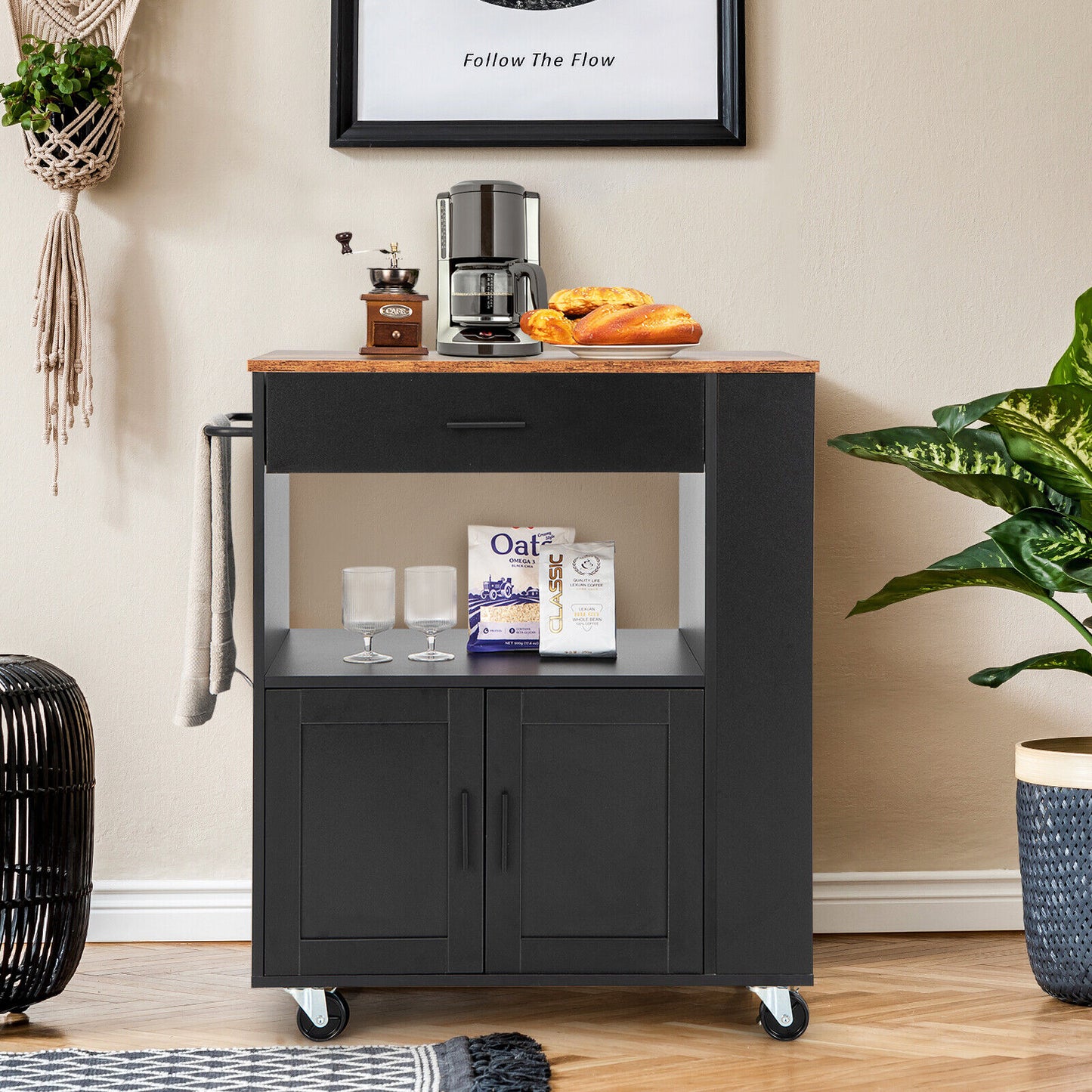Multi Shelf Kitchen Island Cart with Drawer Storage Cabinet and Spice Racks - Black