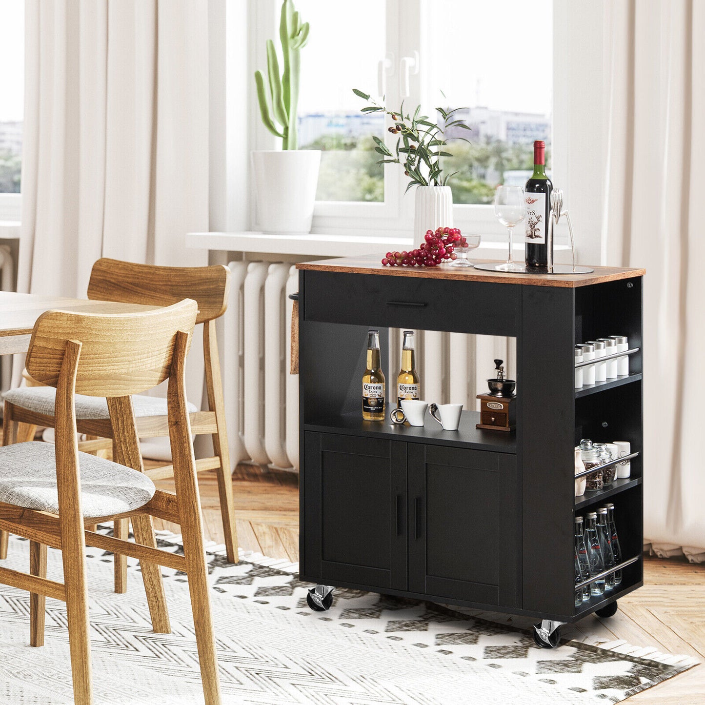 Multi Shelf Kitchen Island Cart with Drawer Storage Cabinet and Spice Racks - Black