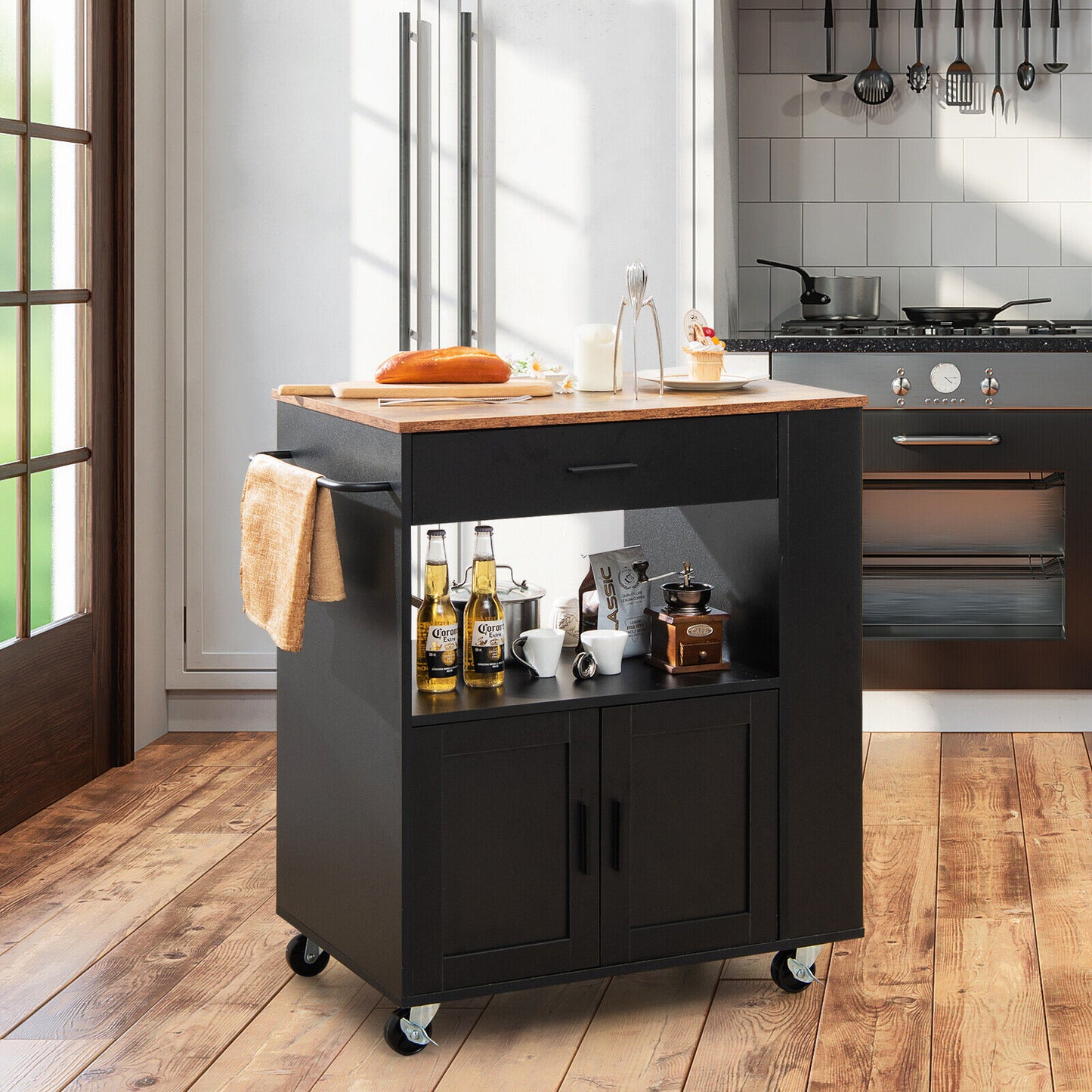 Multi Shelf Kitchen Island Cart with Drawer Storage Cabinet and Spice Racks - Black