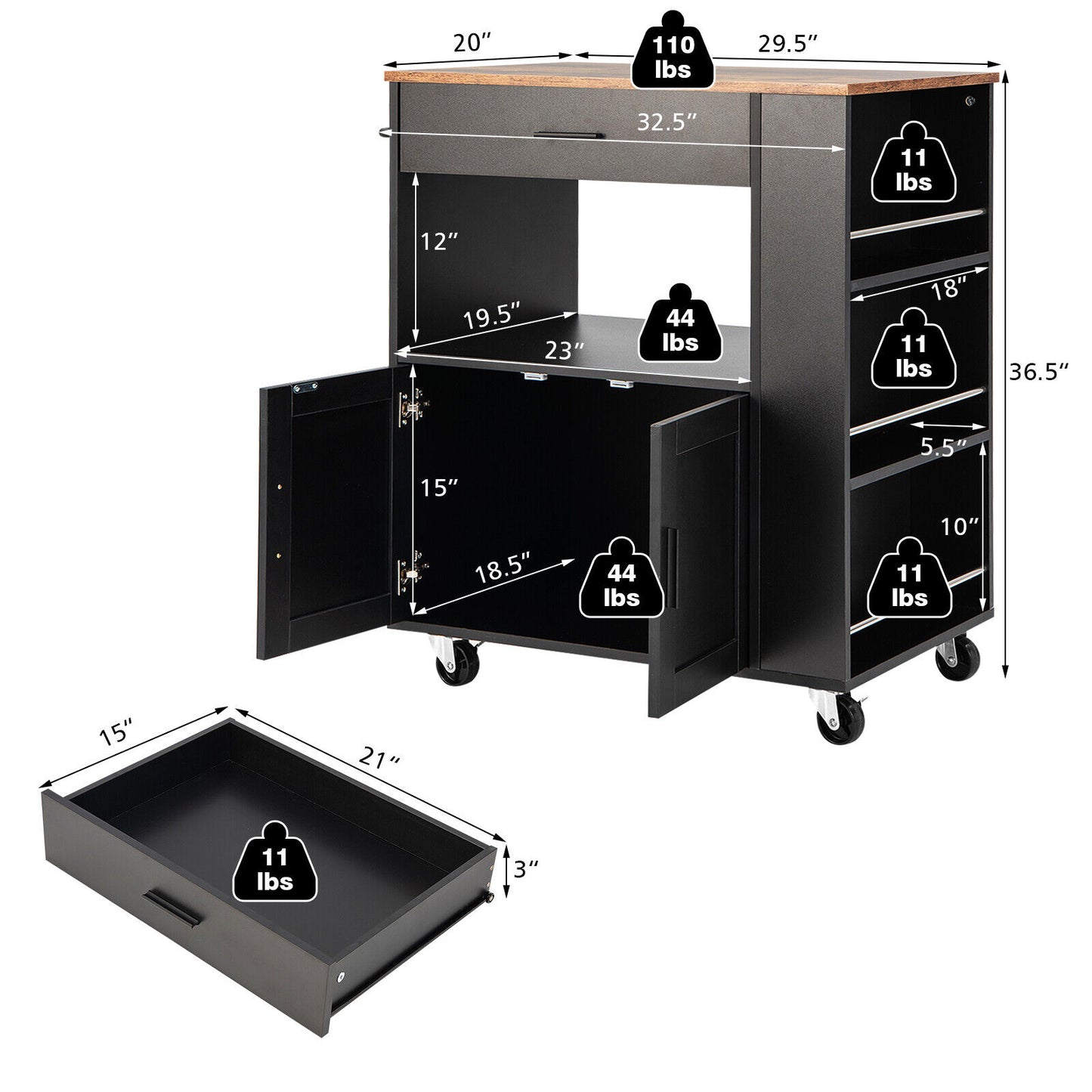 Multi Shelf Kitchen Island Cart with Drawer Storage Cabinet and Spice Racks - Black