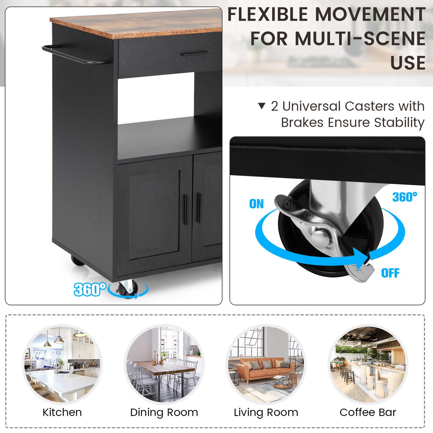 Multi Shelf Kitchen Island Cart with Drawer Storage Cabinet and Spice Racks - Black