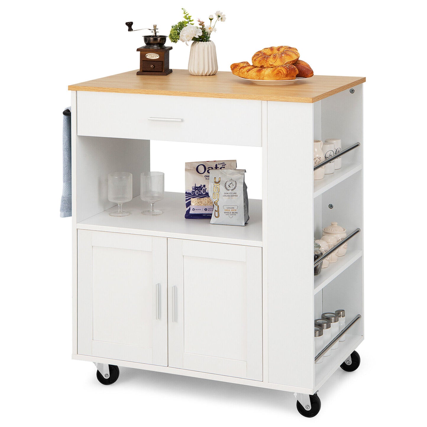 Multi Shelf Kitchen Island Cart with Drawer Storage Cabinet and Spice Racks - White