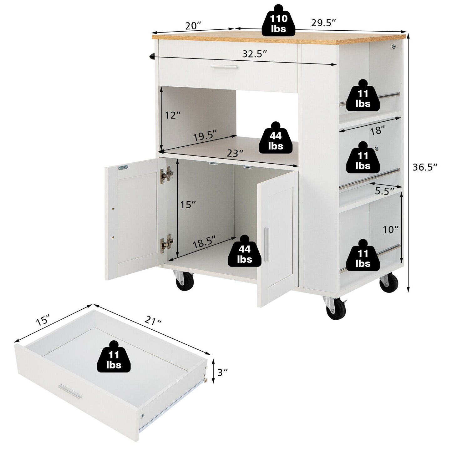 Multi Shelf Kitchen Island Cart with Drawer Storage Cabinet and Spice Racks - White