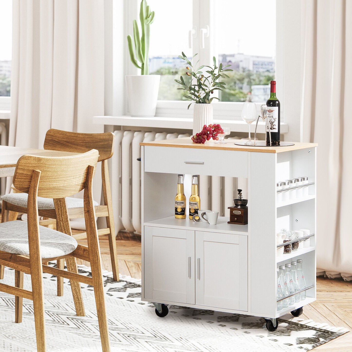Multi Shelf Kitchen Island Cart with Drawer Storage Cabinet and Spice Racks - White