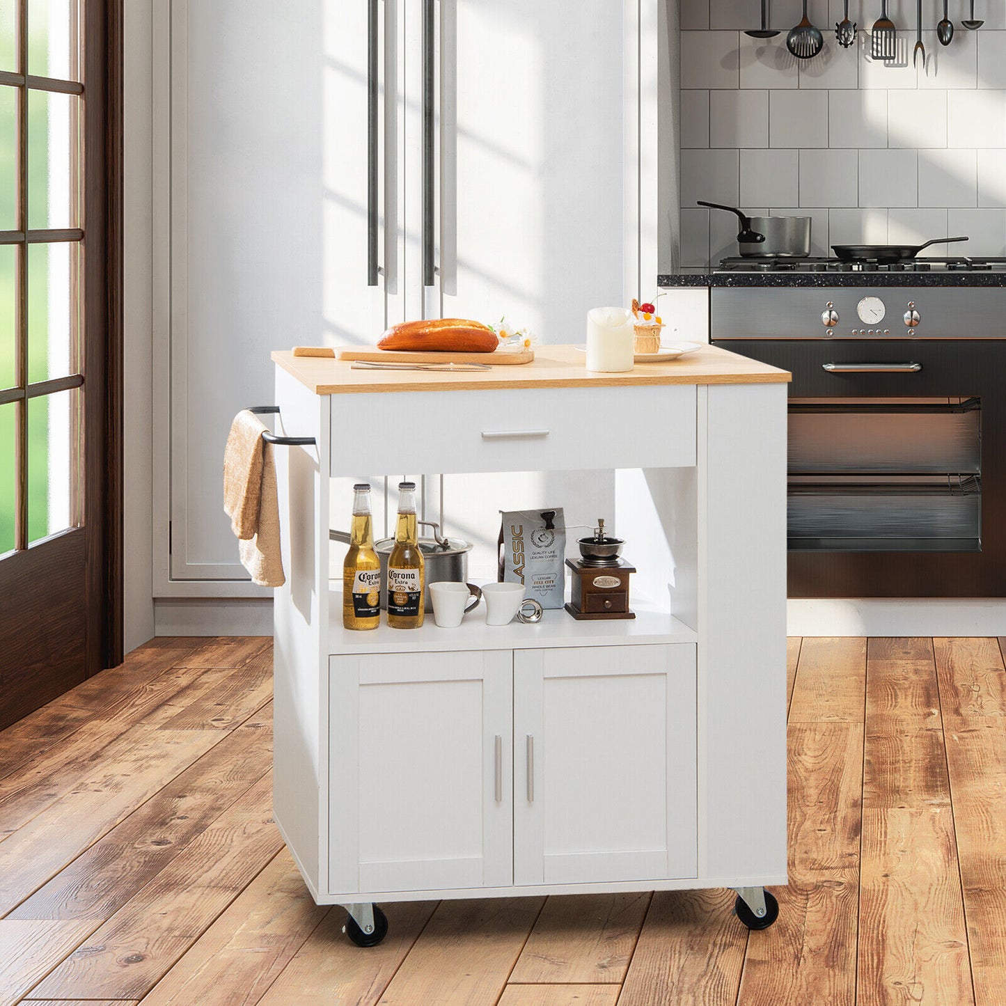 Multi Shelf Kitchen Island Cart with Drawer Storage Cabinet and Spice Racks - White