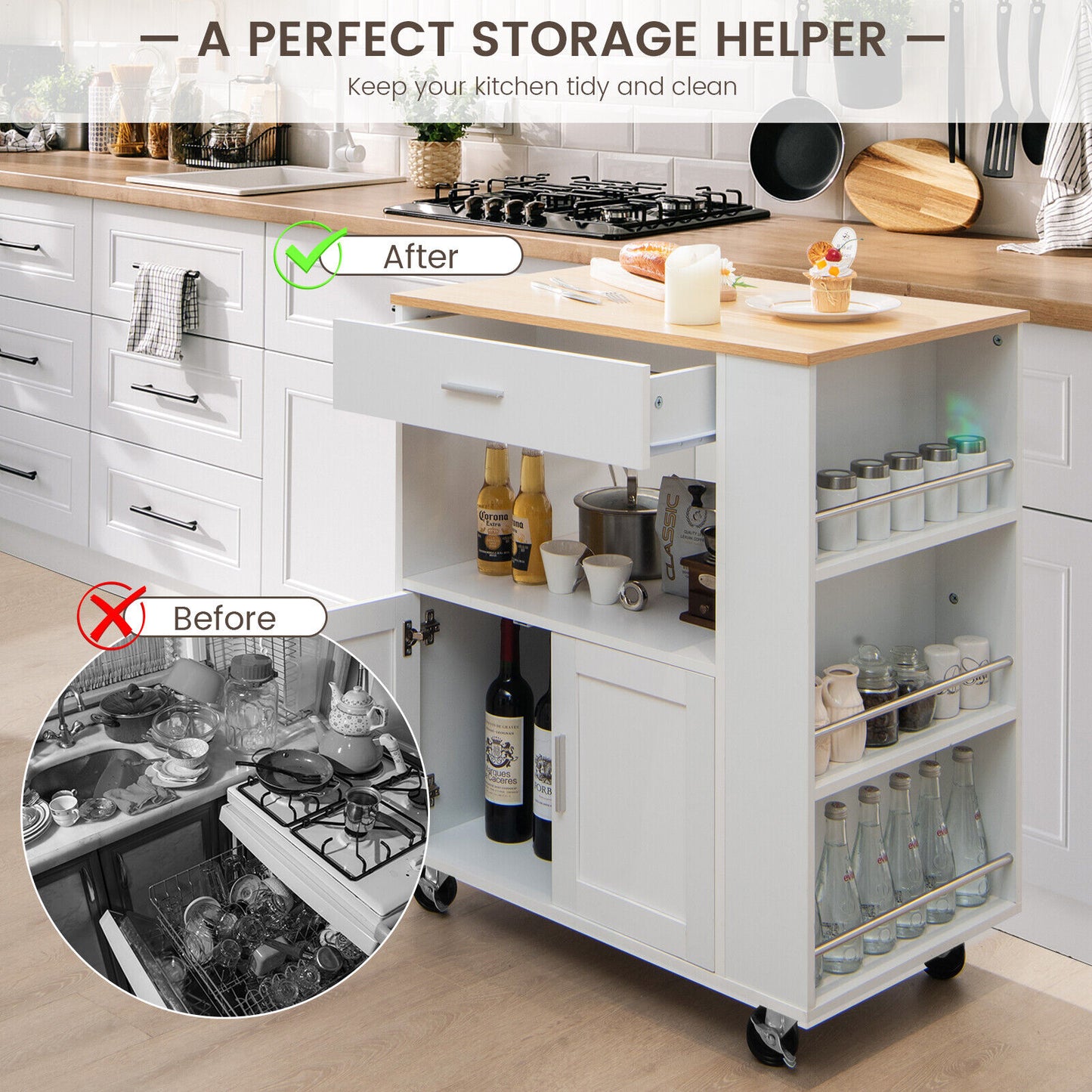 Multi Shelf Kitchen Island Cart with Drawer Storage Cabinet and Spice Racks - White