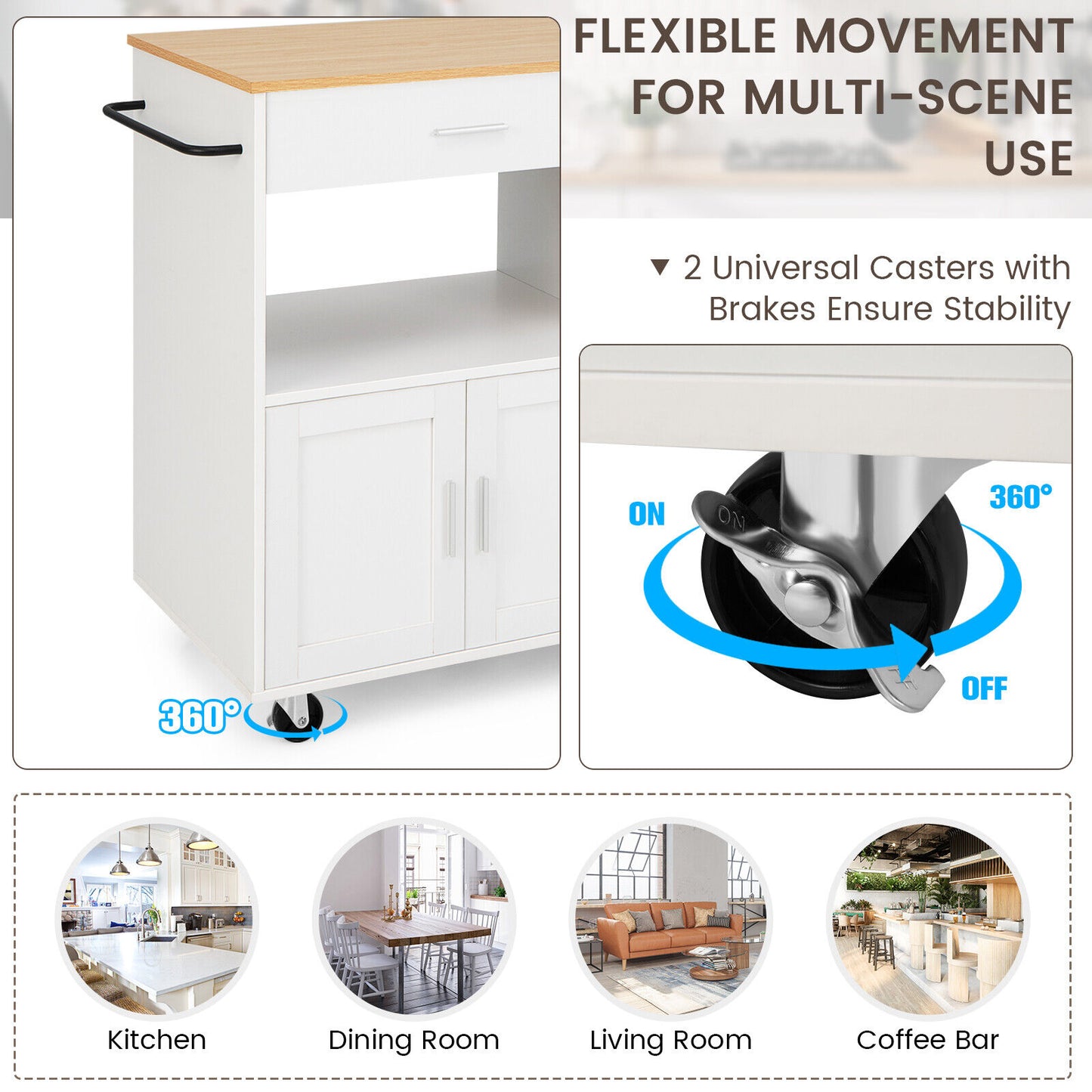 Multi Shelf Kitchen Island Cart with Drawer Storage Cabinet and Spice Racks - White