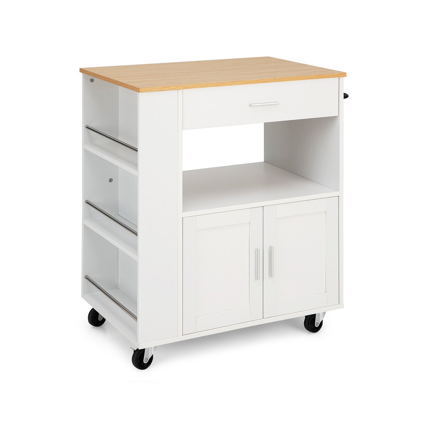 Multi Shelf Kitchen Island Cart with Drawer Storage Cabinet and Spice Racks - White