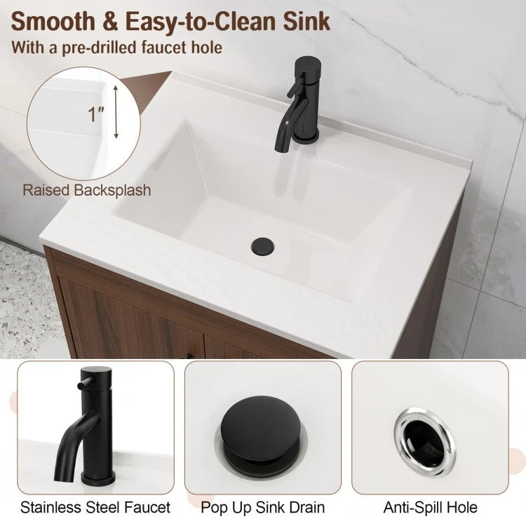 25 Inch Walnut Bathroom Vanity with Sink and Storage Cabinet